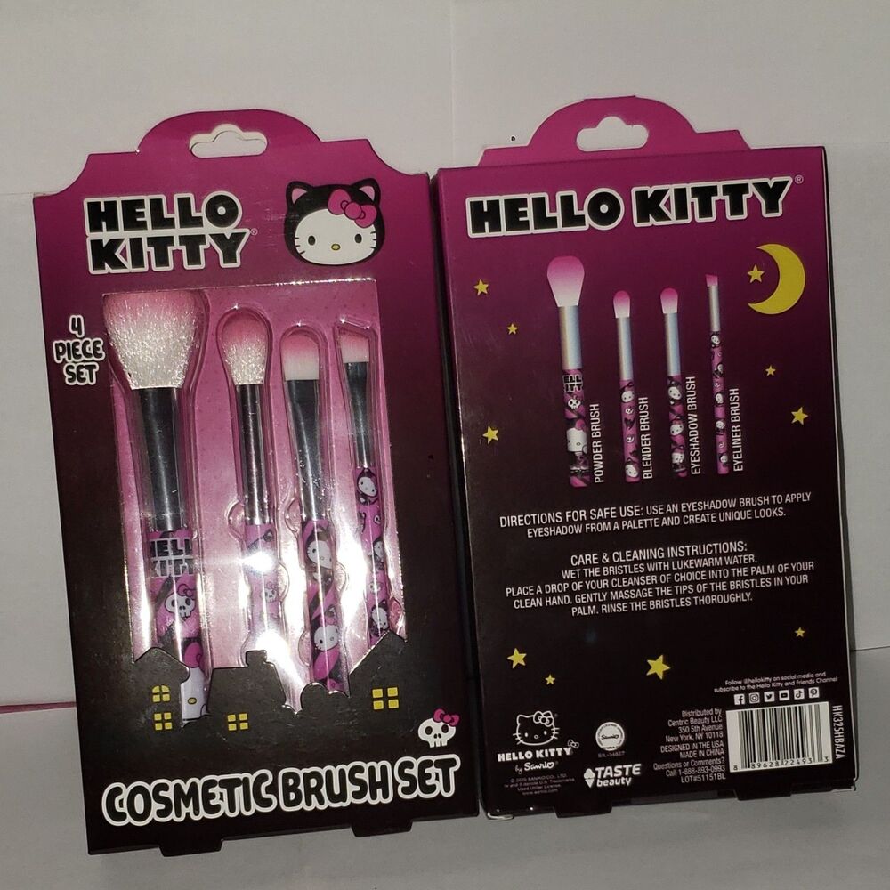 TWO Hello Kitty Limited Edition 4 Piece Cosmetic Brush Set Pink Black White